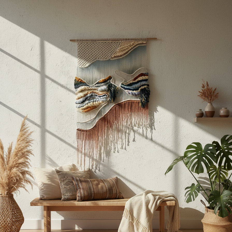 Tapiz 109 - Ecos de la Tierra - Tapiz de Macramé Tejido a Mano | Arte Mural Bohemio con Texturas y Ondas | Decoración de Pared Boho Chic | Colgante de Pared Minimalista Natural