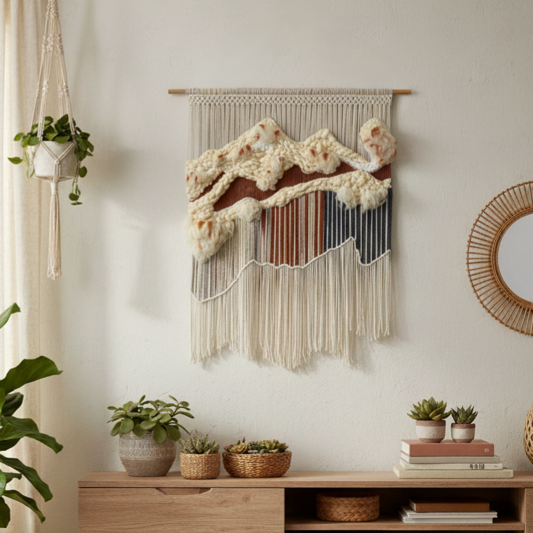 Tapiz 111  - Horizontes Suspendidos - Tapiz de Macramé Tejido a Mano | Arte Mural Bohemio con Texturas y Ondas | Decoración de Pared Boho Chic | Colgante de Pared Minimalista Natural