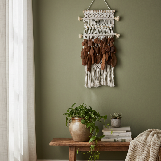 Tapiz 110 - Raíz Suspendida – Tapiz con Elementos Naturales - Tapiz de Macramé Tejido a Mano | Arte Mural Bohemio con Texturas y Ondas | Decoración de Pared Boho Chic | Colgante de Pared Minimalista Natural