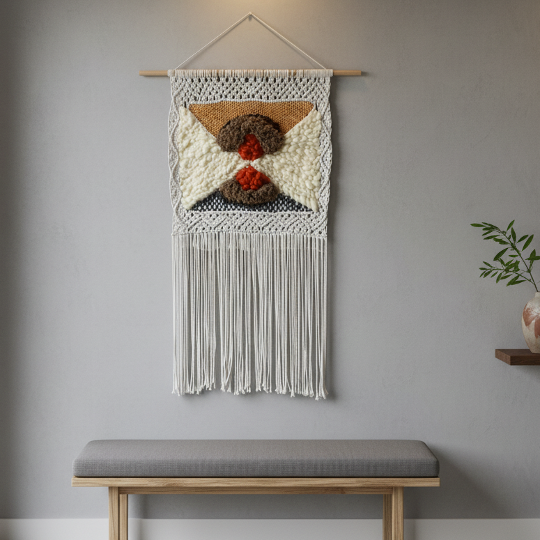 Tapiz 113 - Convergencia Textil - Tapiz de Macrawave Tejido a Mano | Arte Mural Bohemio con Texturas y Ondas | Decoración de Pared Boho Chic | Colgante de Pared Minimalista Natural