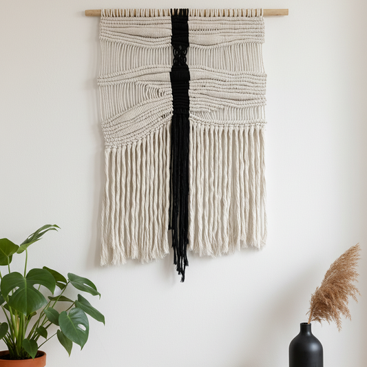 Tapiz 124 - Fractura Serena -Tapiz de macramé beige y negro | Decoración de pared boho moderna | Hecho a mano en algodón natural