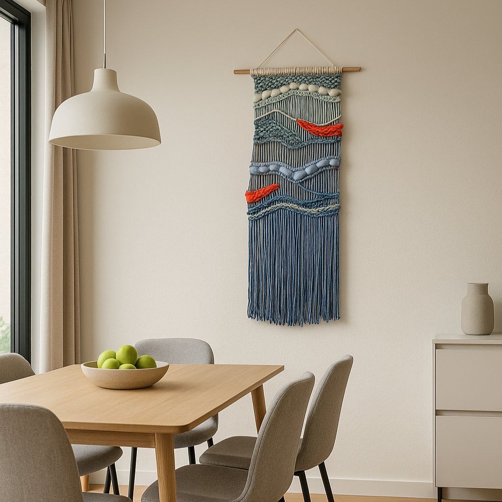 Tapiz 117 - El Murmullo del Mar Rojo - Tapiz de macramé azul con olas y acentos rojos – decoración de pared artesanal inspirada en el mar