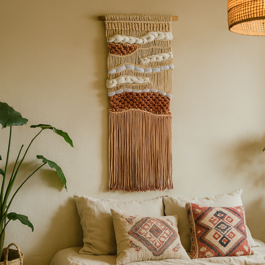Tapiz 118 - Caminos de Tierra - Tapiz de Macramé Tejido a Mano | Arte Mural Bohemio con Texturas y Ondas | Decoración de Pared Boho Chic | Colgante de Pared Minimalista Natural
