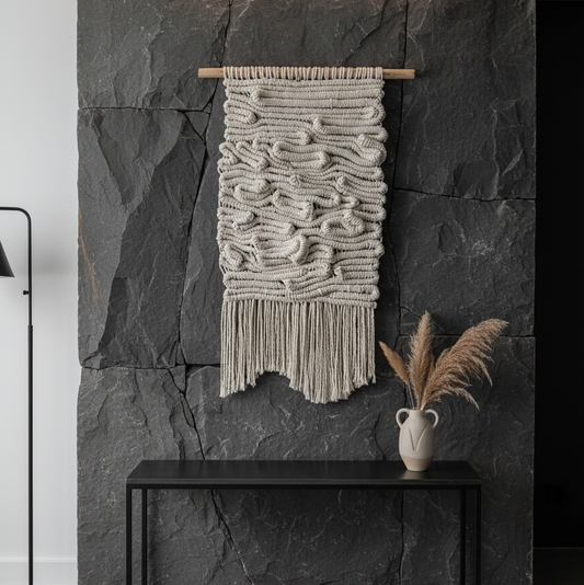 Tapiz 125 - “Lirhane” -Tapiz de macramé beige y negro | Decoración de pared boho moderna | Hecho a mano en algodón natural