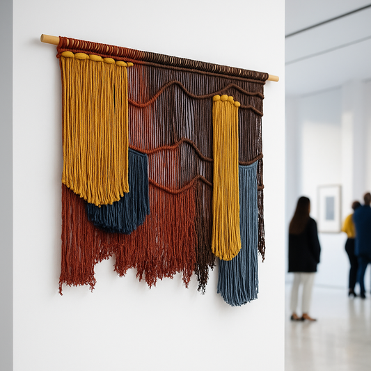 Tapiz 122  - Peso Rojo - Tapiz artesanal de macramé contemporáneo – tonos tierra, mostaza y azul profundo